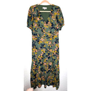 Nanette Lepore Womens Midi Wrap Dress 10 Green Floral Short Sleeve Tiered Boho